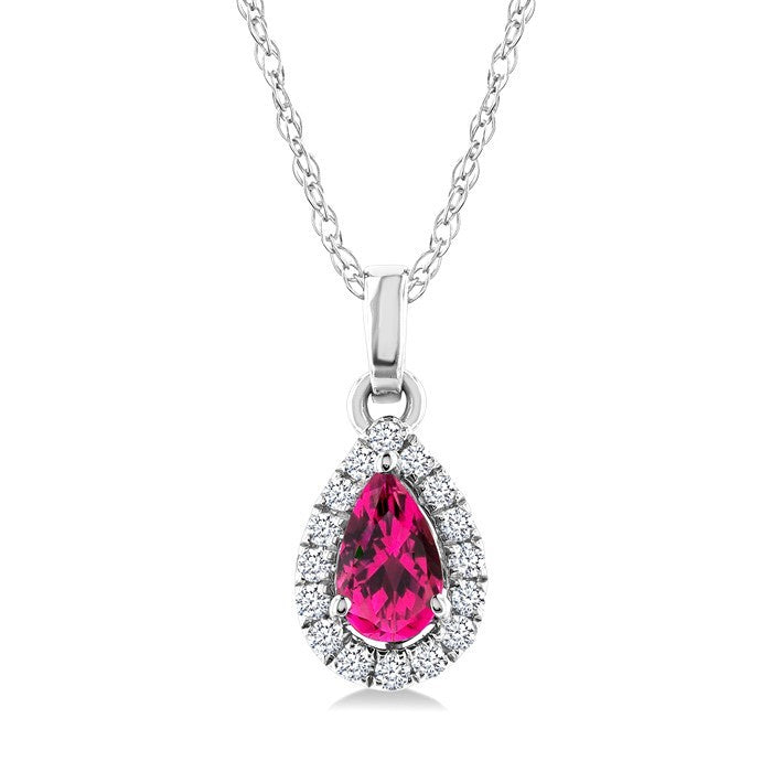 5x3 MM Pear Shape Pink Tourmaline and 1/20 Ctw Round Cut Diamond Halo Semi-Precious Pendant with Chain in 10K White Gold