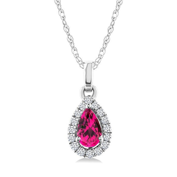 5x3 MM Pear Shape Pink Tourmaline and 1/20 Ctw Round Cut Diamond Halo Semi-Precious Pendant with Chain in 10K White Gold