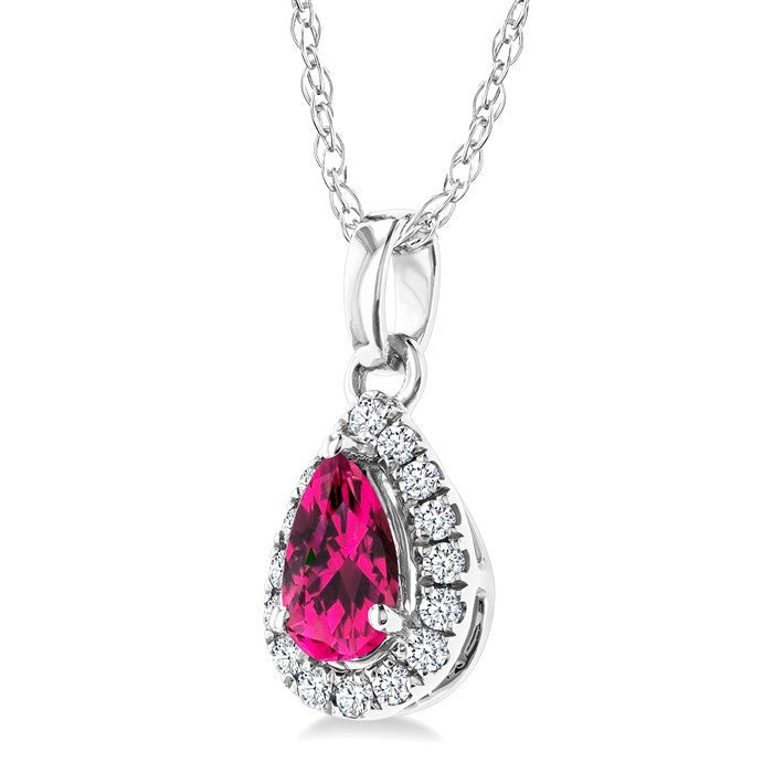 5x3 MM Pear Shape Pink Tourmaline and 1/20 Ctw Round Cut Diamond Halo Semi-Precious Pendant with Chain in 10K White Gold