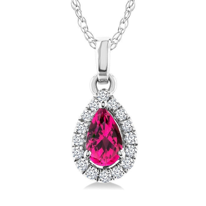 5x3 MM Pear Shape Pink Tourmaline and 1/20 Ctw Round Cut Diamond Halo Semi-Precious Pendant with Chain in 10K White Gold
