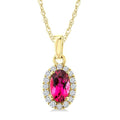 5x3 MM Oval Shape Pink Tourmaline and 1/20 Ctw Round Cut Diamond Halo Semi-Precious Pendant with Chain in 10K Yellow Gold