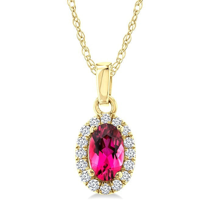 5x3 MM Oval Shape Pink Tourmaline and 1/20 Ctw Round Cut Diamond Halo Semi-Precious Pendant with Chain in 10K Yellow Gold
