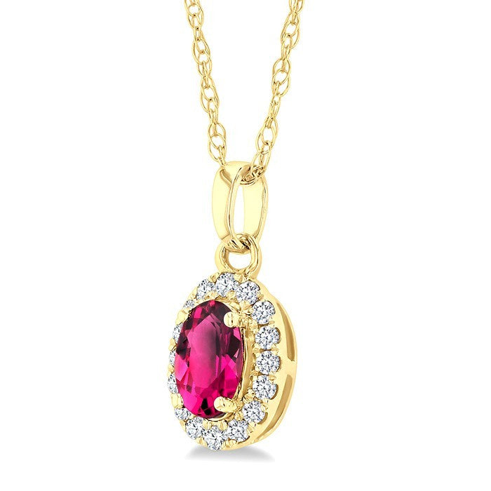 5x3 MM Oval Shape Pink Tourmaline and 1/20 Ctw Round Cut Diamond Halo Semi-Precious Pendant with Chain in 10K Yellow Gold