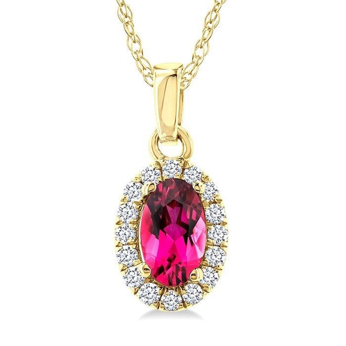 5x3 MM Oval Shape Pink Tourmaline and 1/20 Ctw Round Cut Diamond Halo Semi-Precious Pendant with Chain in 10K Yellow Gold