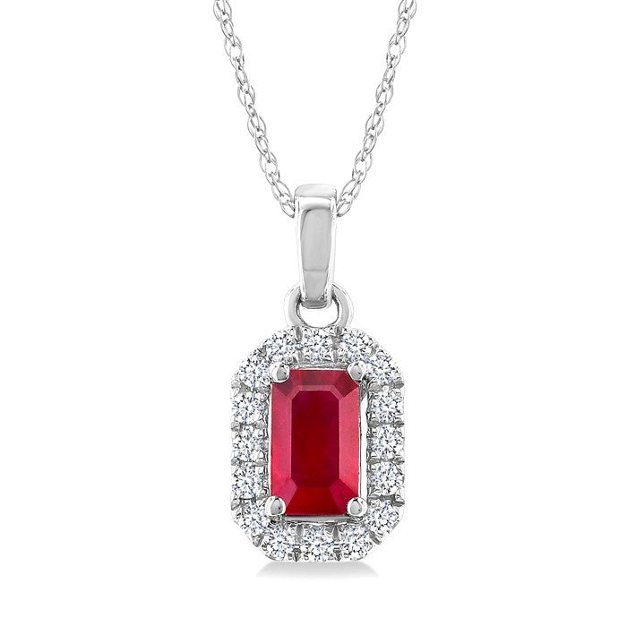 5x3 MM Octagonal Shape Ruby and 1/20 Ctw Round Cut Diamond Halo Precious Pendant with Chain in 10K White Gold