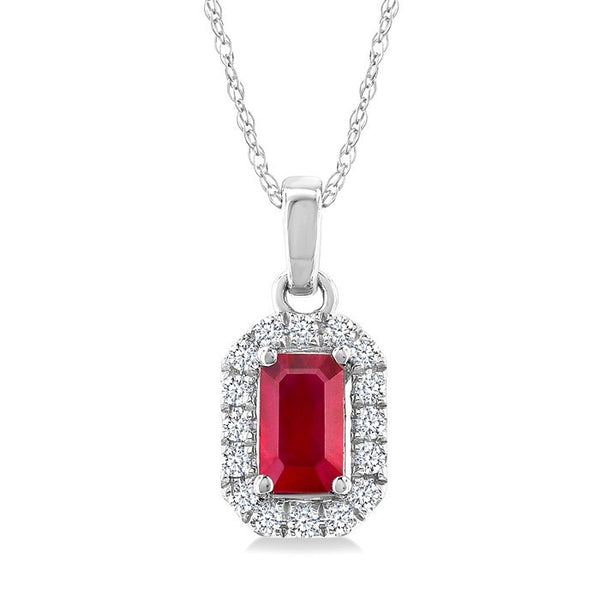5x3 MM Octagonal Shape Ruby and 1/20 Ctw Round Cut Diamond Halo Precious Pendant with Chain in 10K White Gold