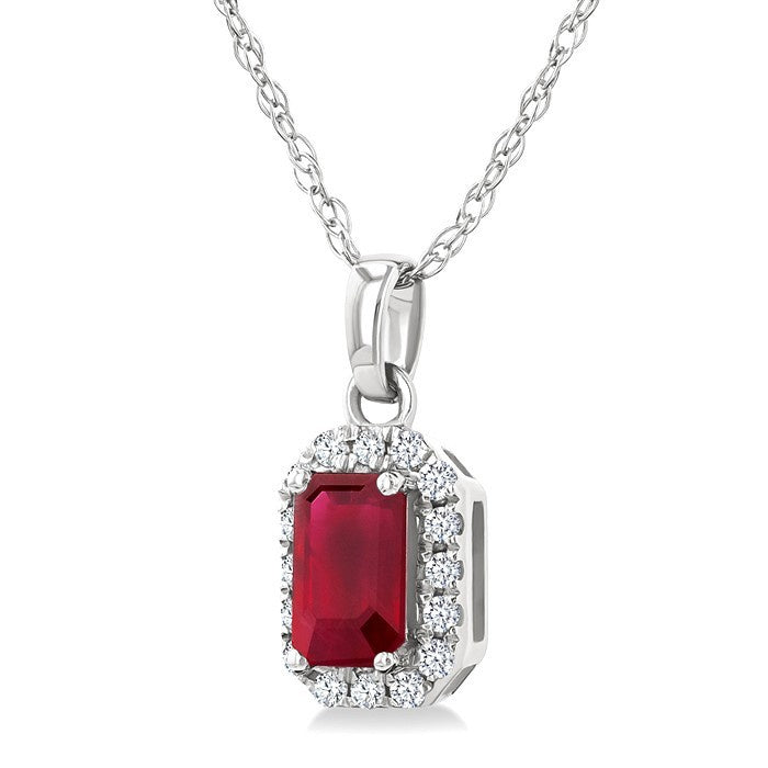 5x3 MM Octagonal Shape Ruby and 1/20 Ctw Round Cut Diamond Halo Precious Pendant with Chain in 10K White Gold