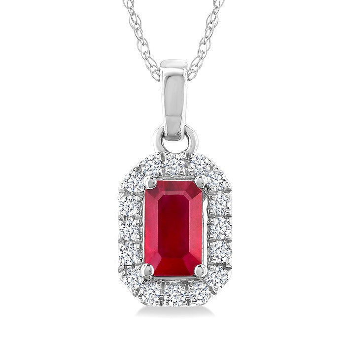 5x3 MM Octagonal Shape Ruby and 1/20 Ctw Round Cut Diamond Halo Precious Pendant with Chain in 10K White Gold