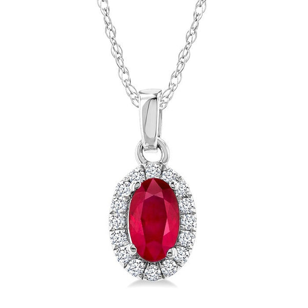 5x3 MM Oval Shape Ruby and 1/20 Ctw Round Cut Diamond Halo Precious Pendant with Chain in 10K White Gold