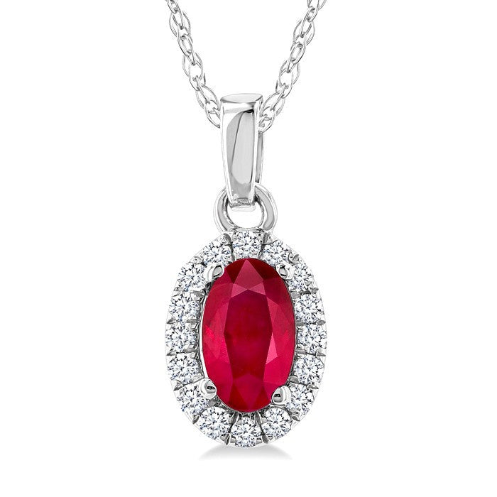 5x3 MM Oval Shape Ruby and 1/20 Ctw Round Cut Diamond Halo Precious Pendant with Chain in 10K White Gold