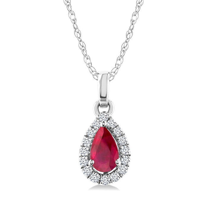 5x3 MM Pear Shape Ruby and 1/20 Ctw Round Cut Diamond Halo Precious Pendant with Chain in 10K White Gold