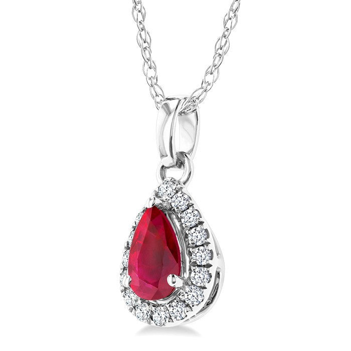 5x3 MM Pear Shape Ruby and 1/20 Ctw Round Cut Diamond Halo Precious Pendant with Chain in 10K White Gold