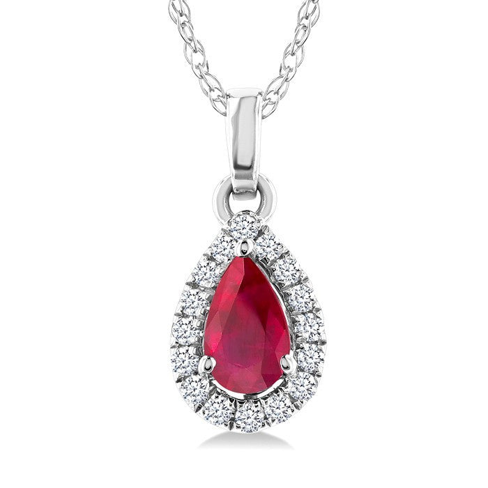 5x3 MM Pear Shape Ruby and 1/20 Ctw Round Cut Diamond Halo Precious Pendant with Chain in 10K White Gold
