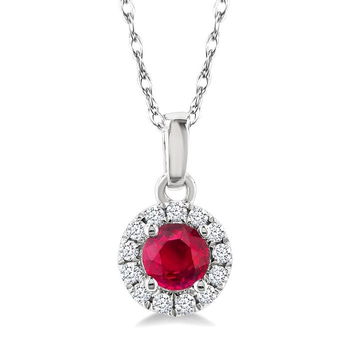 3.25 MM Round Ruby and 1/20 Ctw Round Cut Diamond Halo Precious Pendant with Chain in 10K White Gold