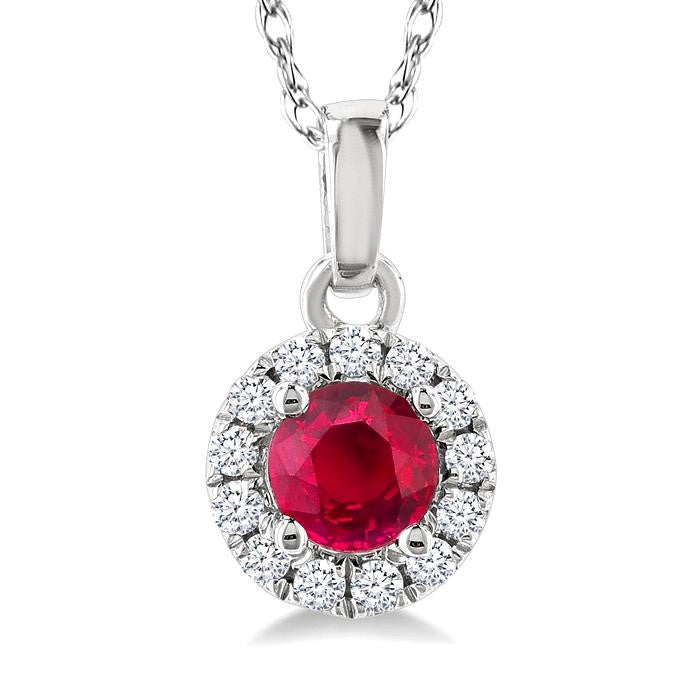 3.25 MM Round Ruby and 1/20 Ctw Round Cut Diamond Halo Precious Pendant with Chain in 10K White Gold