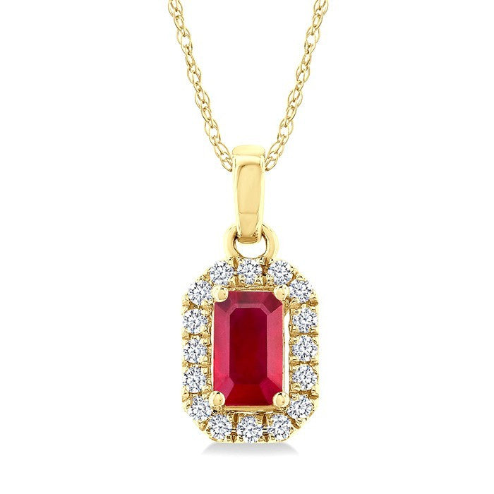 5x3 MM Octagonal Shape Ruby and 1/20 Ctw Round Cut Diamond Halo Precious Pendant with Chain in 10K Yellow Gold