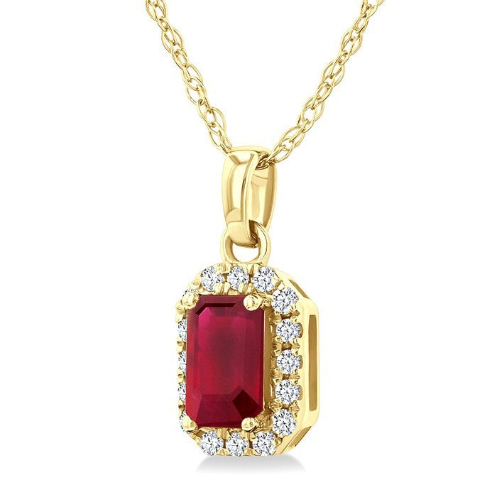 5x3 MM Octagonal Shape Ruby and 1/20 Ctw Round Cut Diamond Halo Precious Pendant with Chain in 10K Yellow Gold