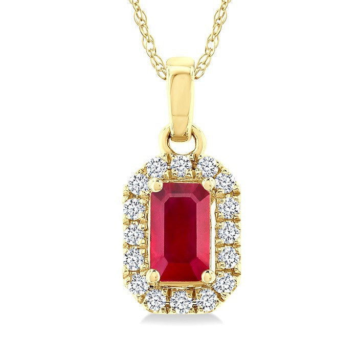 5x3 MM Octagonal Shape Ruby and 1/20 Ctw Round Cut Diamond Halo Precious Pendant with Chain in 10K Yellow Gold