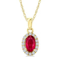 5x3 MM Oval Shape Ruby and 1/20 Ctw Round Cut Diamond Halo Precious Pendant with Chain in 10K Yellow Gold