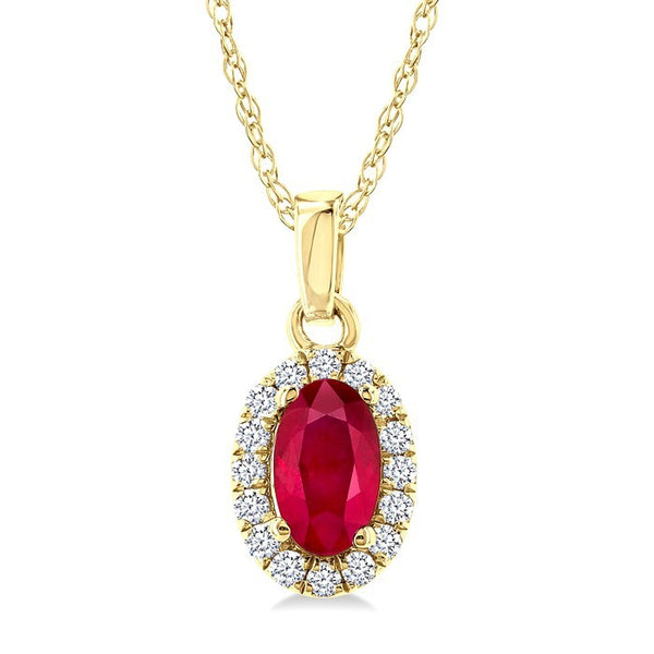 5x3 MM Oval Shape Ruby and 1/20 Ctw Round Cut Diamond Halo Precious Pendant with Chain in 10K Yellow Gold