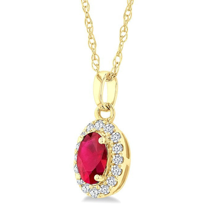 5x3 MM Oval Shape Ruby and 1/20 Ctw Round Cut Diamond Halo Precious Pendant with Chain in 10K Yellow Gold