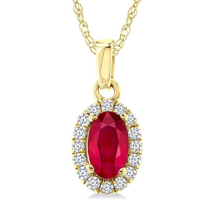 5x3 MM Oval Shape Ruby and 1/20 Ctw Round Cut Diamond Halo Precious Pendant with Chain in 10K Yellow Gold