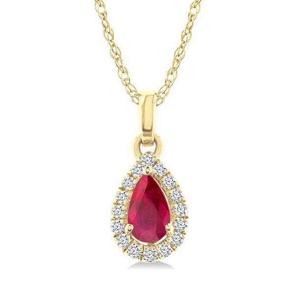 5x3 MM Pear Shape Ruby and 1/20 Ctw Round Cut Diamond Halo Precious Pendant with Chain in 10K Yellow Gold