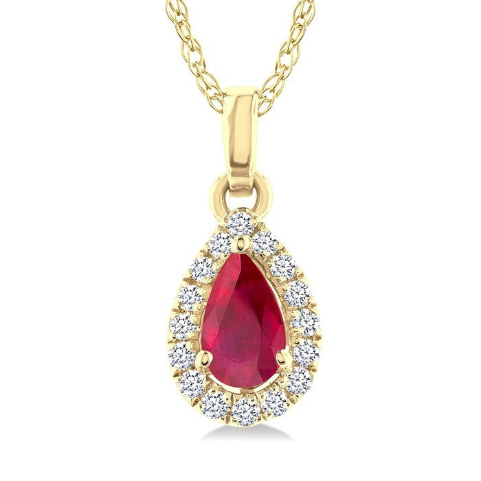 5x3 MM Pear Shape Ruby and 1/20 Ctw Round Cut Diamond Halo Precious Pendant with Chain in 10K Yellow Gold