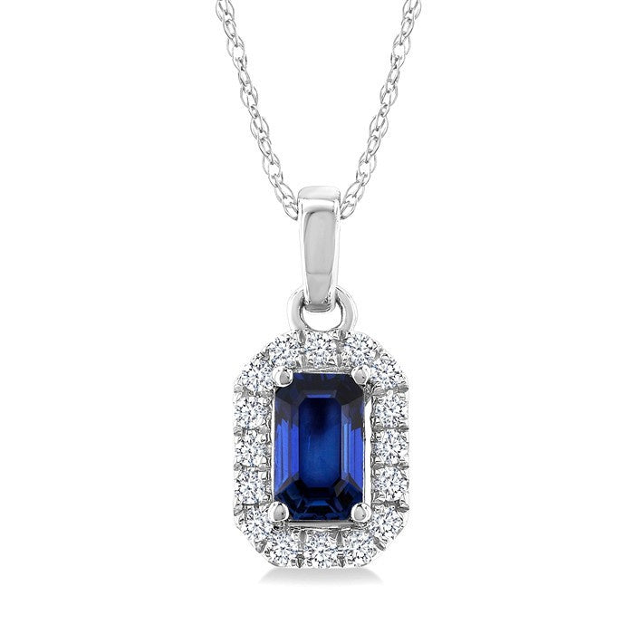 5x3 MM Octagonal Shape Sapphire and 1/20 Ctw Round Cut Diamond Halo Precious Pendant with Chain in 10K White Gold