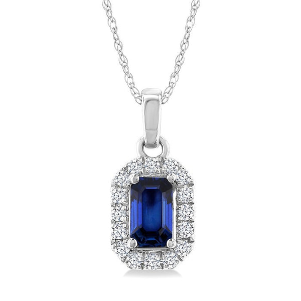 5x3 MM Octagonal Shape Sapphire and 1/20 Ctw Round Cut Diamond Halo Precious Pendant with Chain in 10K White Gold