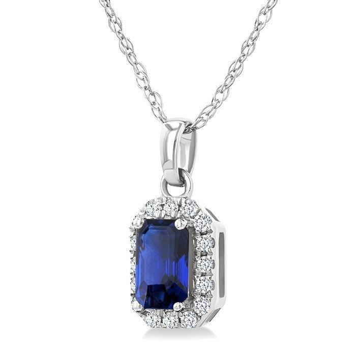 5x3 MM Octagonal Shape Sapphire and 1/20 Ctw Round Cut Diamond Halo Precious Pendant with Chain in 10K White Gold