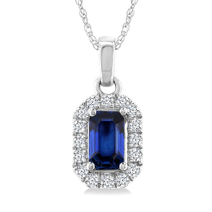 5x3 MM Octagonal Shape Sapphire and 1/20 Ctw Round Cut Diamond Halo Precious Pendant with Chain in 10K White Gold
