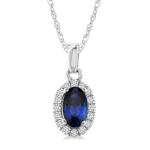 5x3 MM Oval Shape Sapphire and 1/20 Ctw Round Cut Diamond Halo Precious Pendant with Chain in 10K White Gold