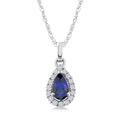 5x3 MM Pear Shape Sapphire and 1/20 Ctw Round Cut Diamond Halo Precious Pendant with Chain in 10K White Gold