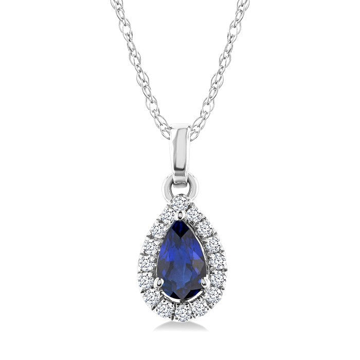 5x3 MM Pear Shape Sapphire and 1/20 Ctw Round Cut Diamond Halo Precious Pendant with Chain in 10K White Gold