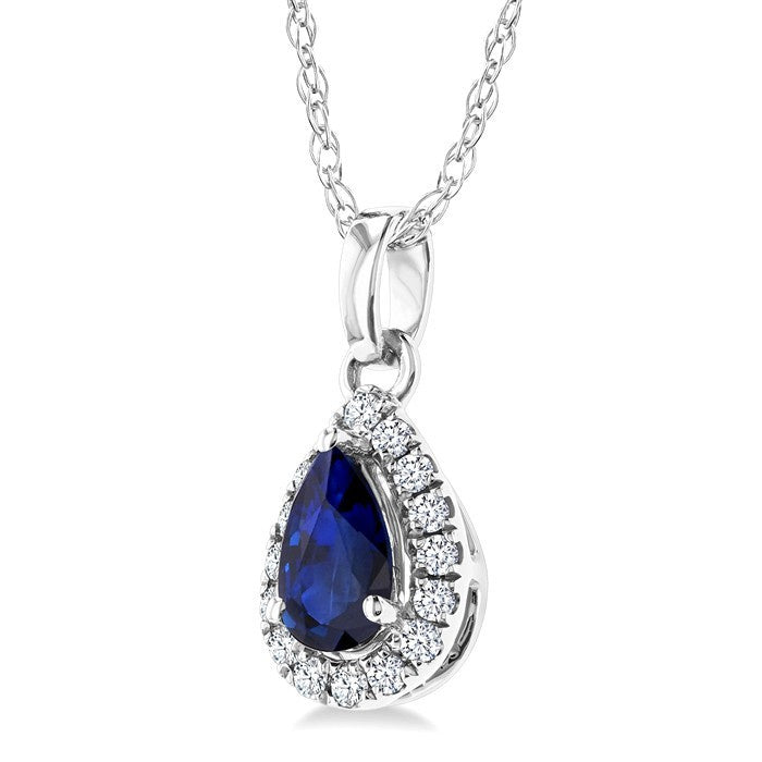 5x3 MM Pear Shape Sapphire and 1/20 Ctw Round Cut Diamond Halo Precious Pendant with Chain in 10K White Gold