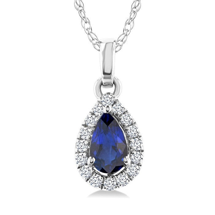 5x3 MM Pear Shape Sapphire and 1/20 Ctw Round Cut Diamond Halo Precious Pendant with Chain in 10K White Gold