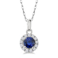 3.25 MM Round Sapphire and 1/20 Ctw Round Cut Diamond Halo Precious Pendant with Chain in 10K White Gold