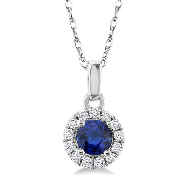 3.25 MM Round Sapphire and 1/20 Ctw Round Cut Diamond Halo Precious Pendant with Chain in 10K White Gold