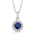 3.25 MM Round Sapphire and 1/20 Ctw Round Cut Diamond Halo Precious Pendant with Chain in 10K White Gold