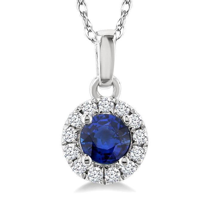 3.25 MM Round Sapphire and 1/20 Ctw Round Cut Diamond Halo Precious Pendant with Chain in 10K White Gold