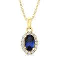5x3 MM Oval Shape Sapphire and 1/20 Ctw Round Cut Diamond Halo Precious Pendant with Chain in 10K Yellow Gold