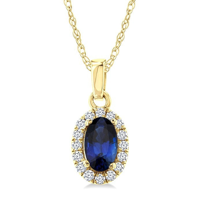 5x3 MM Oval Shape Sapphire and 1/20 Ctw Round Cut Diamond Halo Precious Pendant with Chain in 10K Yellow Gold