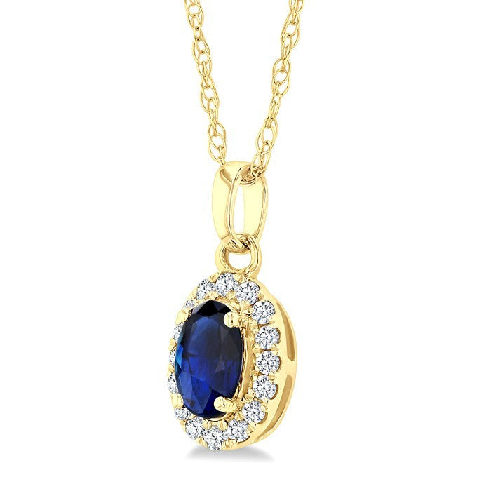 5x3 MM Oval Shape Sapphire and 1/20 Ctw Round Cut Diamond Halo Precious Pendant with Chain in 10K Yellow Gold
