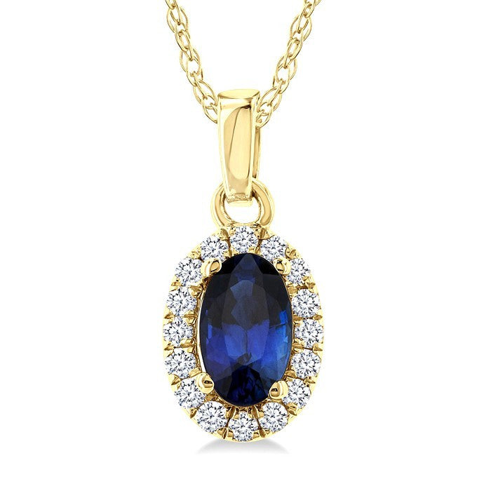 5x3 MM Oval Shape Sapphire and 1/20 Ctw Round Cut Diamond Halo Precious Pendant with Chain in 10K Yellow Gold