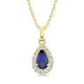 5x3 MM Pear Shape Sapphire and 1/20 Ctw Round Cut Diamond Halo Precious Pendant with Chain in 10K Yellow Gold