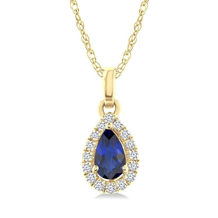 5x3 MM Pear Shape Sapphire and 1/20 Ctw Round Cut Diamond Halo Precious Pendant with Chain in 10K Yellow Gold