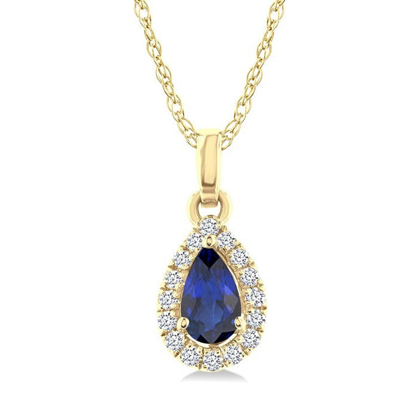 5x3 MM Pear Shape Sapphire and 1/20 Ctw Round Cut Diamond Halo Precious Pendant with Chain in 10K Yellow Gold