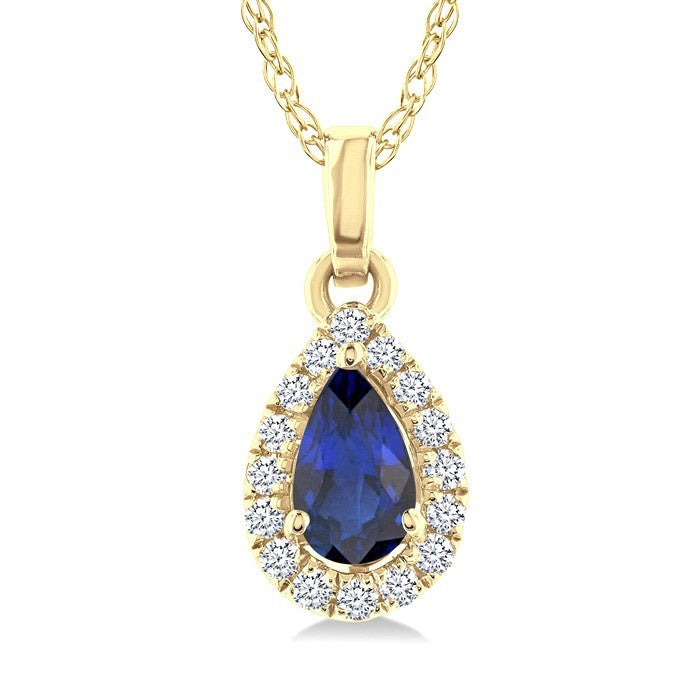 5x3 MM Pear Shape Sapphire and 1/20 Ctw Round Cut Diamond Halo Precious Pendant with Chain in 10K Yellow Gold