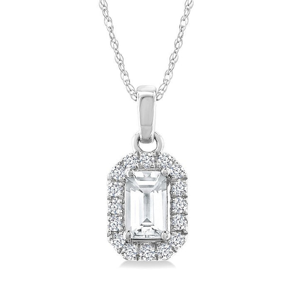5x3 MM Octagonal Shape White Topaz and 1/20 Ctw Round Cut Diamond Halo Semi-Precious Pendant with Chain in 10K White Gold